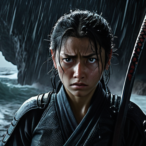 Home 23 **
A dramatic scene depicting Nya, the Ninja of Water, with tears in her eyes, showcasing her emotional maturity and complex storyline. The background should hint at a challenging environment like a dark cave or a stormy sea. Emphasize the inner conflict and resilience through facial expression and lighting.
**