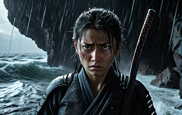 **
A dramatic scene depicting Nya, the Ninja of Water, with tears in her eyes, showcasing her emotional maturity and complex storyline. The background should hint at a challenging environment like a dark cave or a stormy sea. Emphasize the inner conflict and resilience through facial expression and lighting.
**