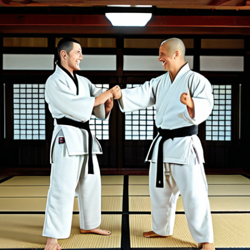 Home 21 **
"Kai and Jay, fully clothed in their ninja uniforms, high-fiving in a dojo. Kai has a determined expression; Jay is smiling brightly. Training equipment is visible in the background. Safe for work, appropriate content, family-friendly, perfect anatomy, correct proportions, well-formed hands, professional illustration."
**