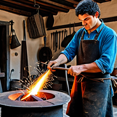 Home 20 **
"A young Kai, a blacksmith apprentice in a vibrant Spanish village, fully clothed in modest blacksmith attire, working diligently at his forge, sparks flying, safe for work, appropriate content, professional, perfect anatomy, correct proportions, natural pose, well-formed hands, proper finger count, natural body proportions, family-friendly."
**