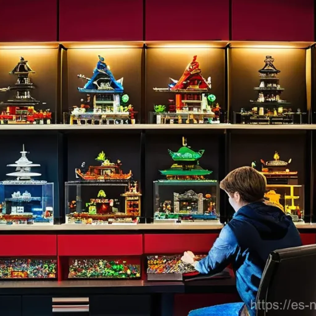 닌자고 관련 상품 온라인 구매법 - **Prompt:** "A meticulously organized and well-lit collector's room, dedicated to the LEGO Ninjago u...
