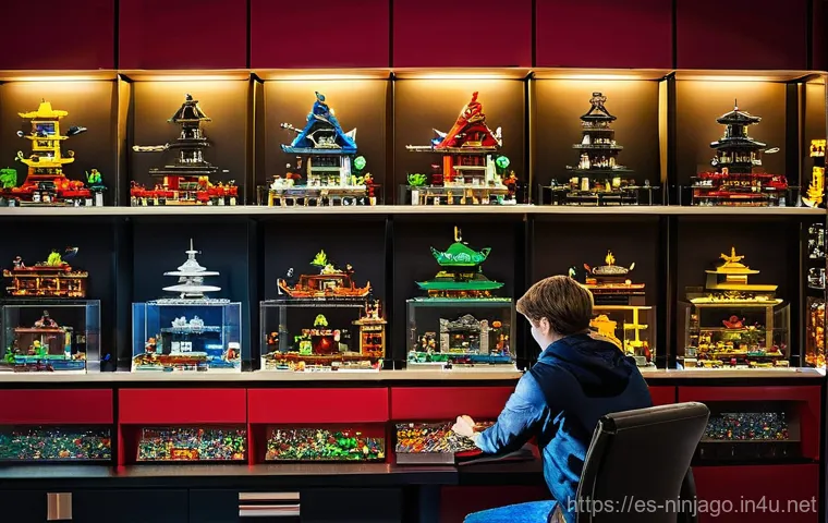 닌자고 관련 상품 온라인 구매법 - **Prompt:** "A meticulously organized and well-lit collector's room, dedicated to the LEGO Ninjago u...