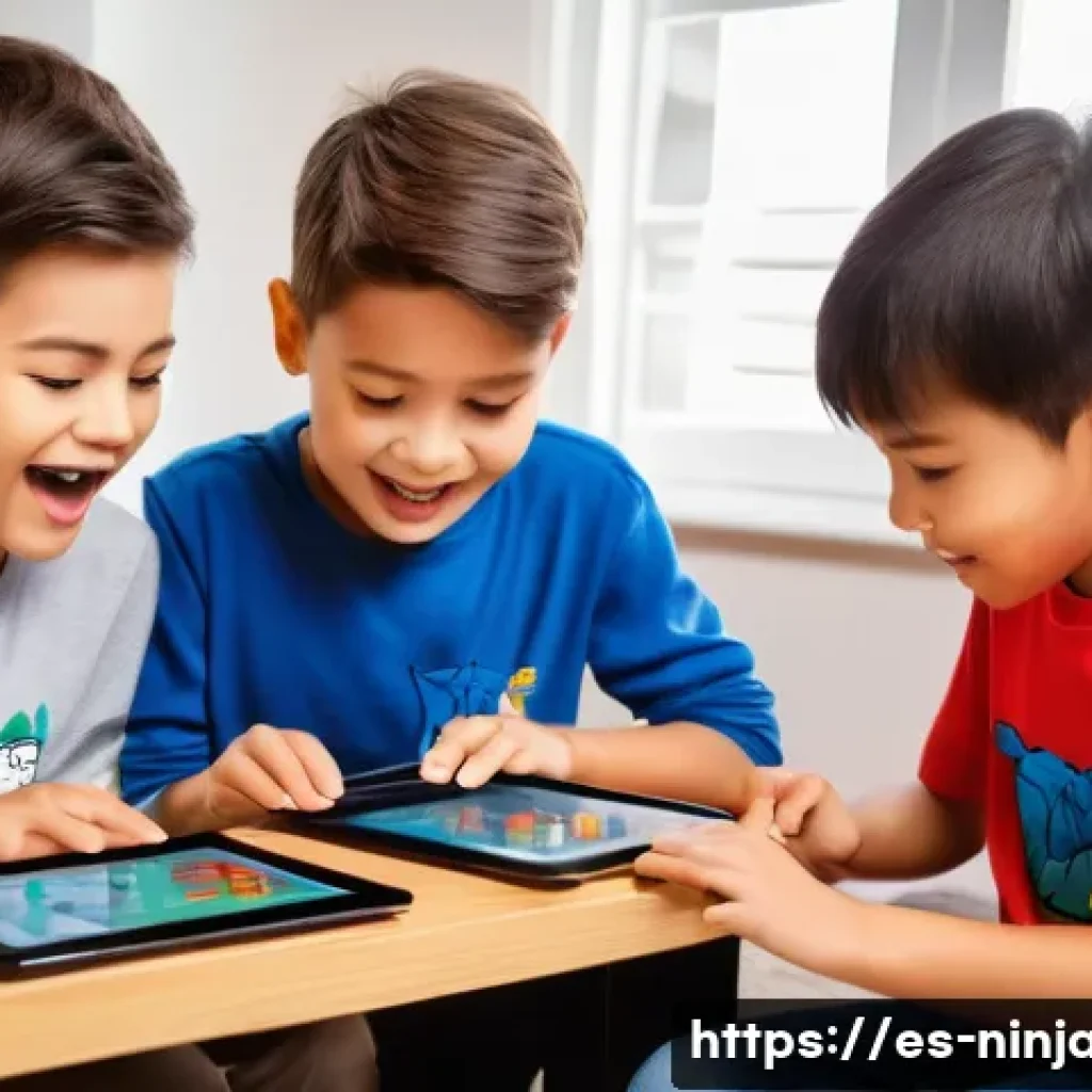 닌자고 어린이용 퀴즈 질문 - A vibrant and dynamic scene of children aged 6-10 playing an interactive Ninjago-themed quiz game on...