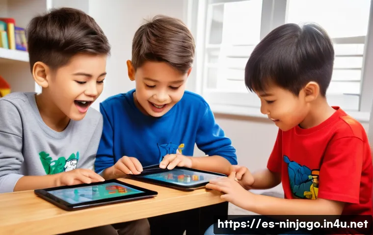 닌자고 어린이용 퀴즈 질문 - A vibrant and dynamic scene of children aged 6-10 playing an interactive Ninjago-themed quiz game on...