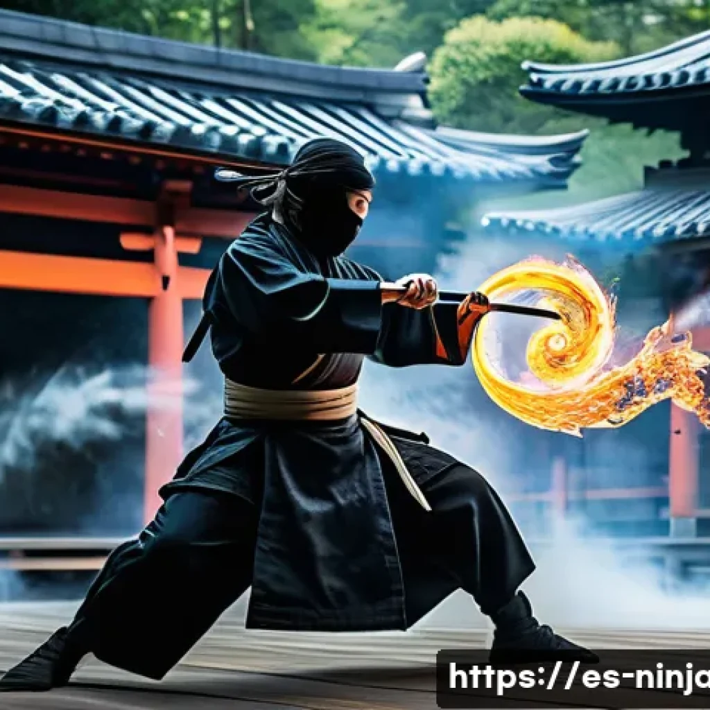 닌자고 스핀짓주 기술의 비밀 - A dynamic scene depicting a ninja performing Spinjitzu surrounded by swirling elemental energy, with...