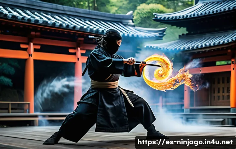 닌자고 스핀짓주 기술의 비밀 - A dynamic scene depicting a ninja performing Spinjitzu surrounded by swirling elemental energy, with...