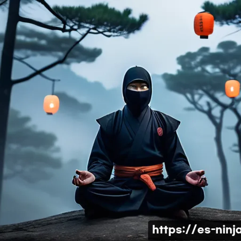 닌자고 닌자의 명예와 사명 - A disciplined ninja in traditional dark attire, practicing meditation atop a misty mountain at dawn,...