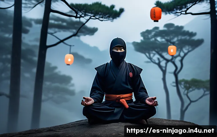 닌자고 닌자의 명예와 사명 - A disciplined ninja in traditional dark attire, practicing meditation atop a misty mountain at dawn,...
