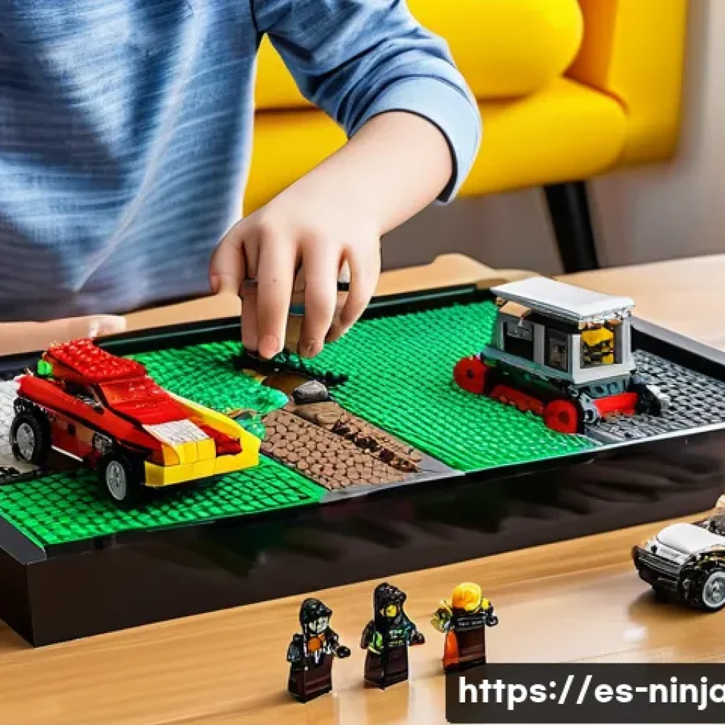 닌자고 레고 세트 조립 난이도 - A detailed LEGO Ninjago building scene featuring a medium complexity set with approximately 400 piec...
