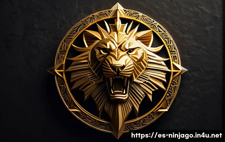 닌자고 골든 닌자의 상징성 - A highly detailed, golden emblem featuring sharp angular shapes and clean lines that symbolize preci...