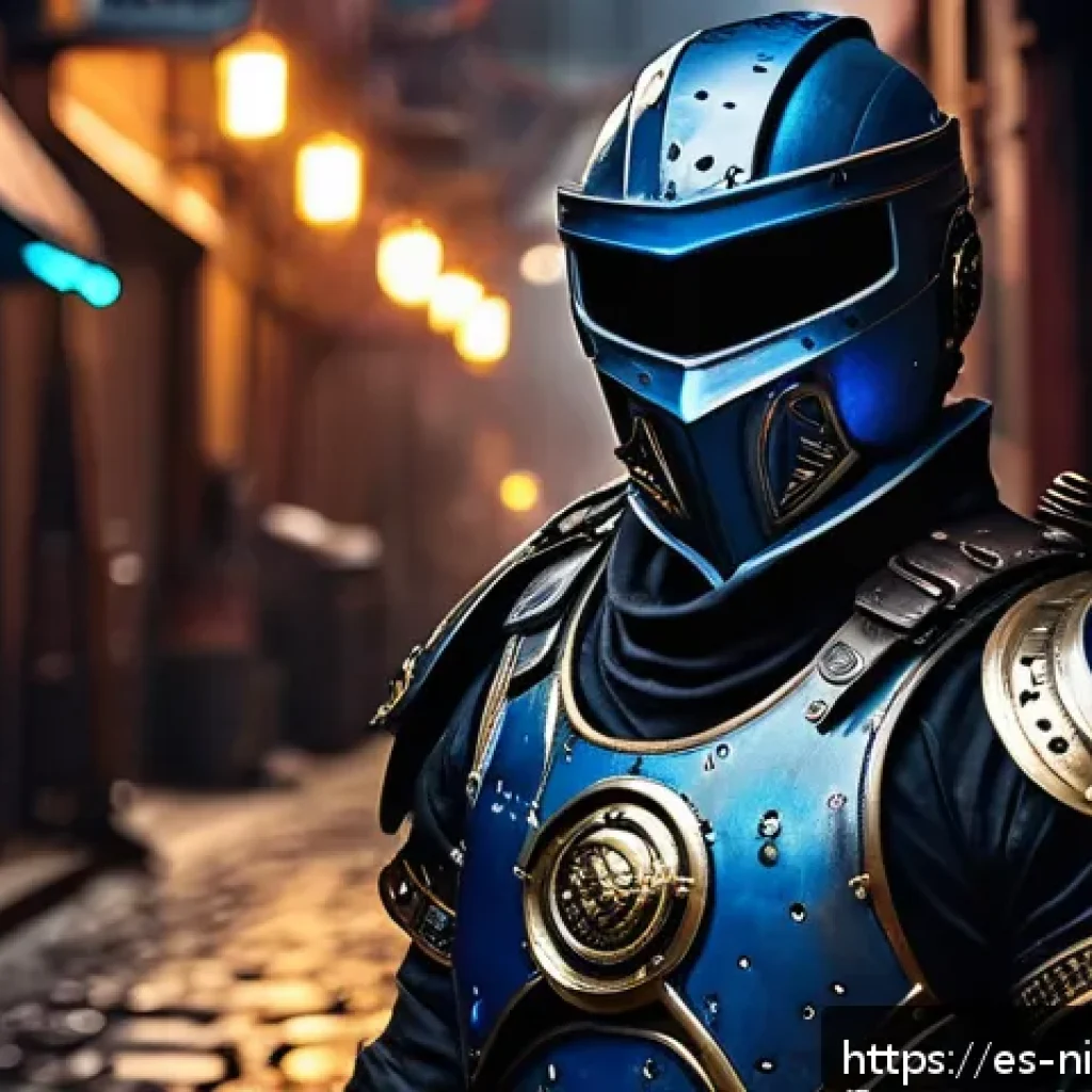 닌자고 팬아트로 표현된 캐릭터 - A futuristic ninja warrior wearing intricate steampunk-inspired armor, featuring brass gears, leathe...
