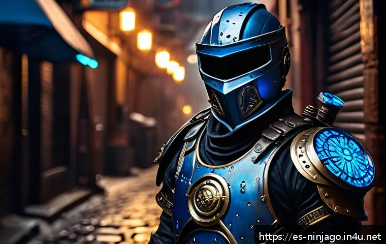 닌자고 팬아트로 표현된 캐릭터 - A futuristic ninja warrior wearing intricate steampunk-inspired armor, featuring brass gears, leathe...