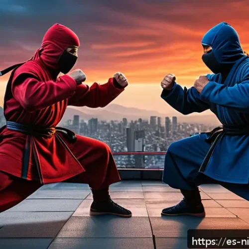 닌자고 전투씬의 감정 표현 - A dynamic scene of two ninjas in mid-battle, one clenching fists tightly in frustration while the ot...