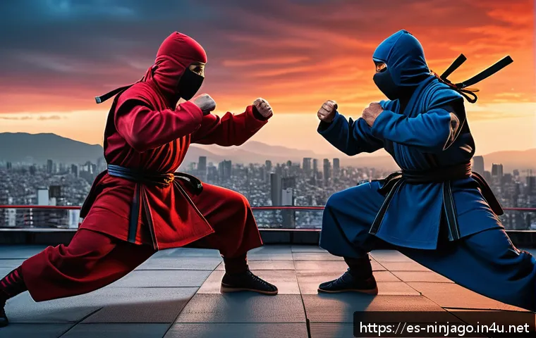 닌자고 전투씬의 감정 표현 - A dynamic scene of two ninjas in mid-battle, one clenching fists tightly in frustration while the ot...