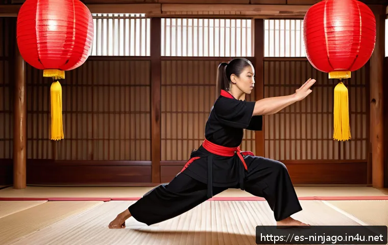 닌자고 스핀짓주 심화 강의 - A dynamic young ninja in athletic sportswear performing a precise Spinjitzu spin on a smooth dojo fl...
