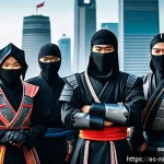 닌자고 제작진의 비전과 철학 - A dynamic group portrait of diverse ninjas in modernized traditional attire, each wearing detailed n...