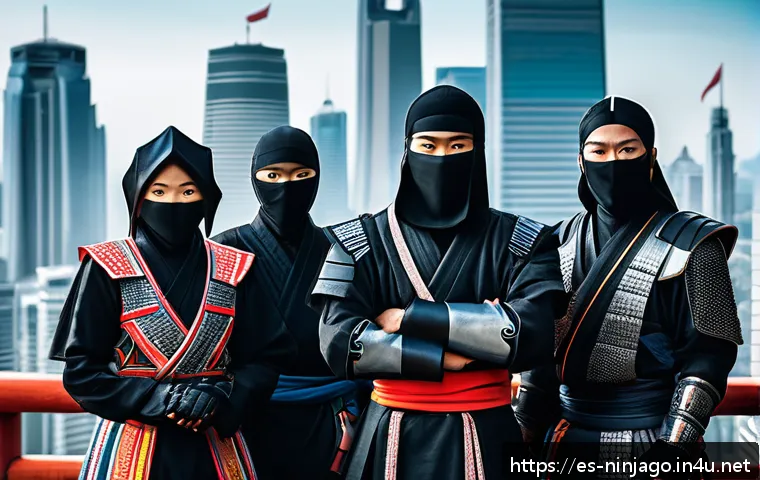 닌자고 제작진의 비전과 철학 - A dynamic group portrait of diverse ninjas in modernized traditional attire, each wearing detailed n...