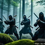 닌자고 닌자팀과 악당 연합 스토리 - A dynamic battle scene featuring a team of ninja heroes in high-tech, yet traditionally inspired dar...