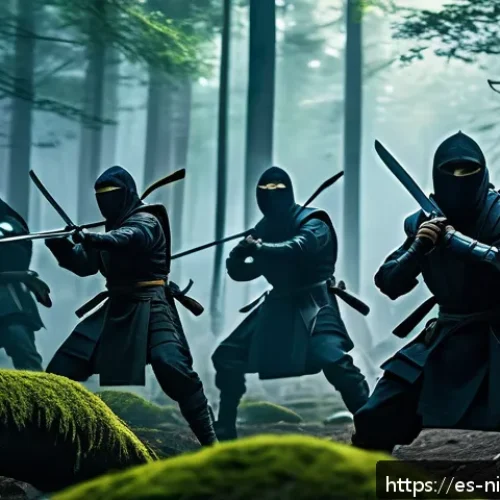 닌자고 닌자팀과 악당 연합 스토리 - A dynamic battle scene featuring a team of ninja heroes in high-tech, yet traditionally inspired dar...