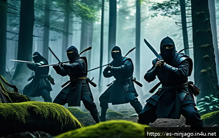 닌자고 닌자팀과 악당 연합 스토리 - A dynamic battle scene featuring a team of ninja heroes in high-tech, yet traditionally inspired dar...
