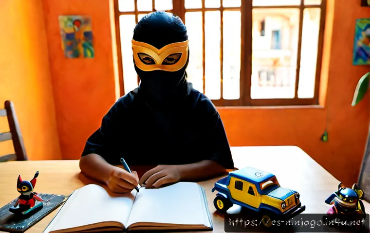 Home 17 닌자고 팬덤 창작 스토리 - Photorealistic cinematic scene of a Spanish-speaking teenage fan creating an original ninja-inspired...