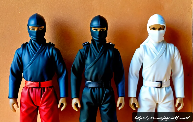 닌자고 캐릭터 복장 변천사 - Photorealistic studio comparison scene of four original brick-built ninja action figures arranged le...
